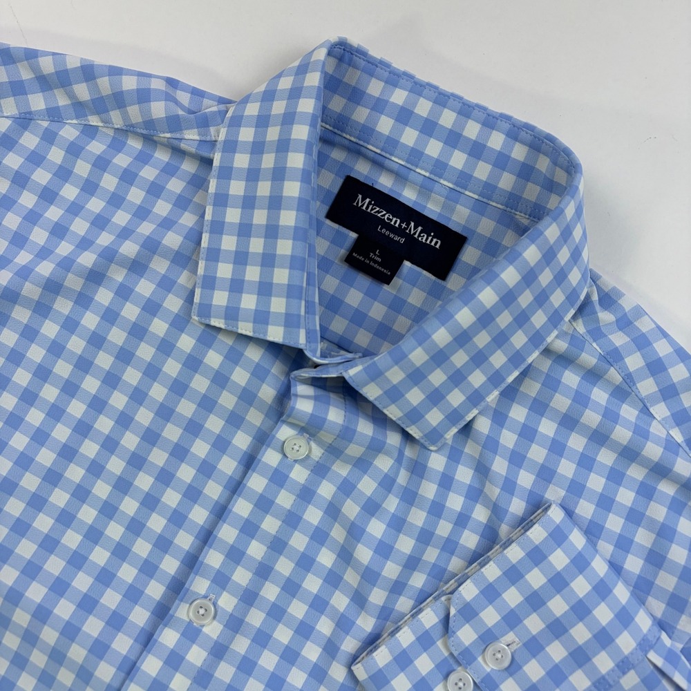 Mizzen+Main Leeward Dress Shirt Mens L Blue Gingham Trim Fit Performance Stretch